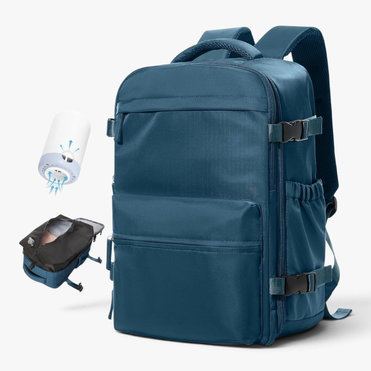 Roselva blue waterproof travel backpack with vacuum compression system and portable electric pump for organized packing