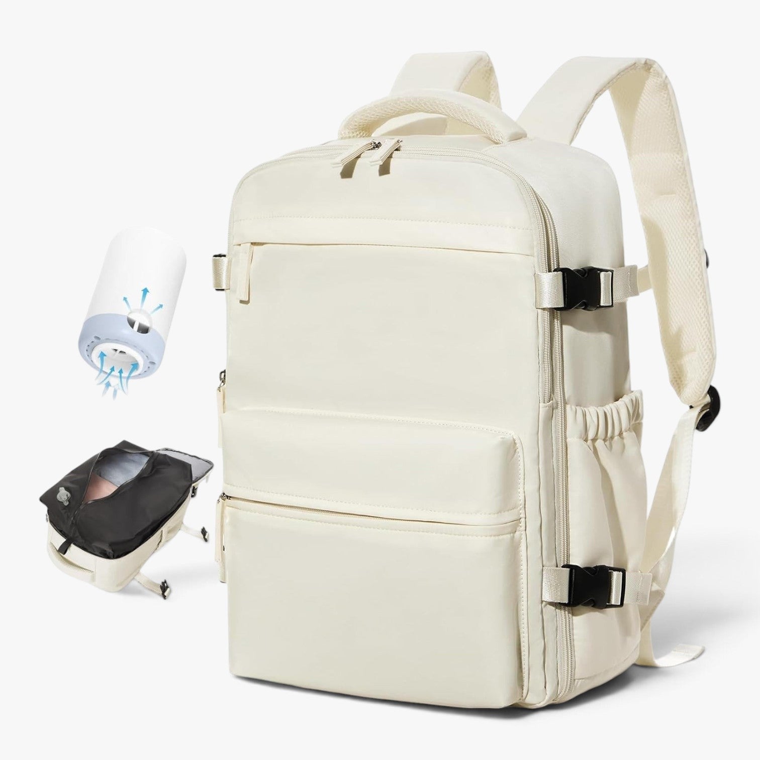Roselva cream travel backpack with vacuum compression system, electric pump, and waterproof Oxford fabric.