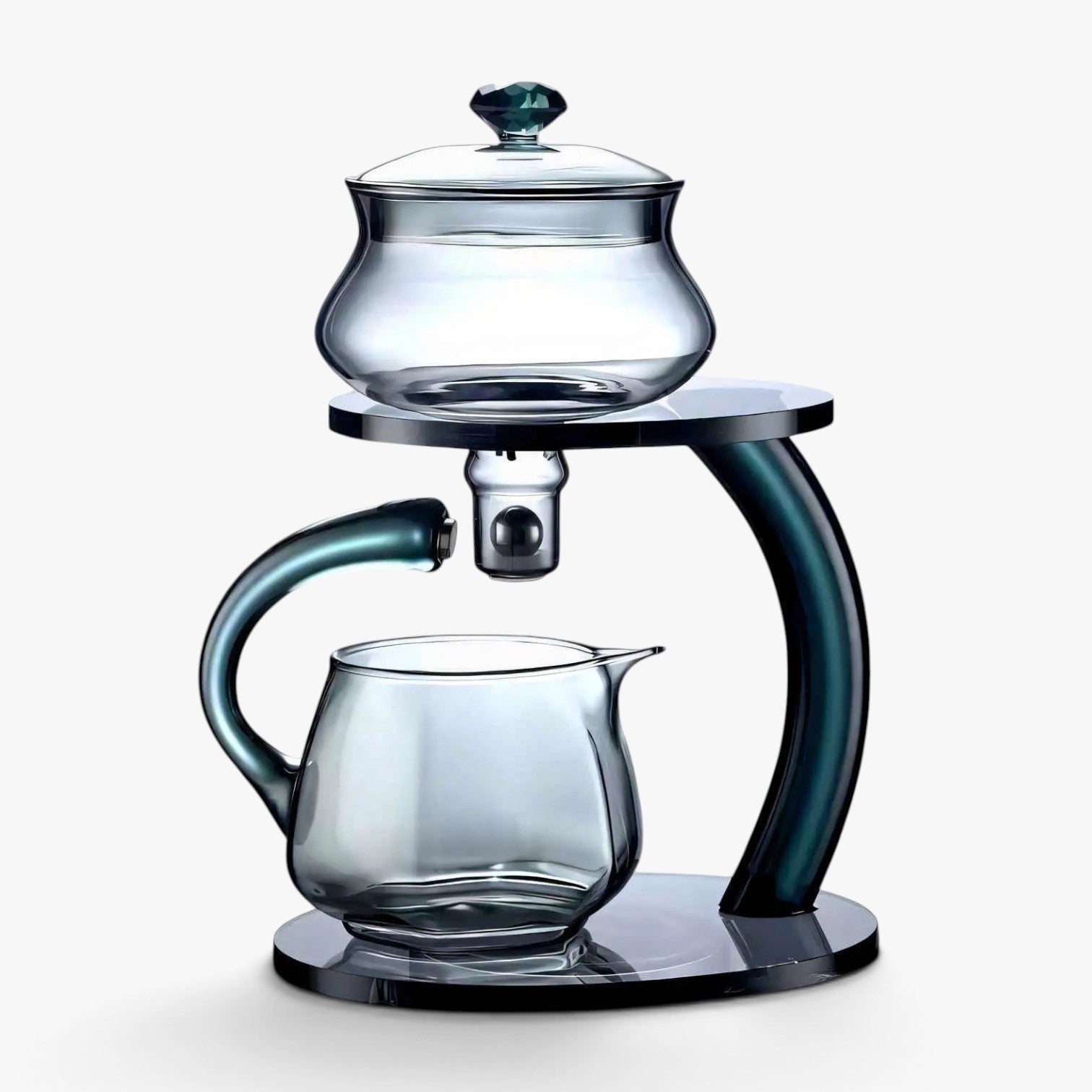 Roselva magnetic infuser teapot in clear glass with imperial black accents and an ergonomic pouring design.