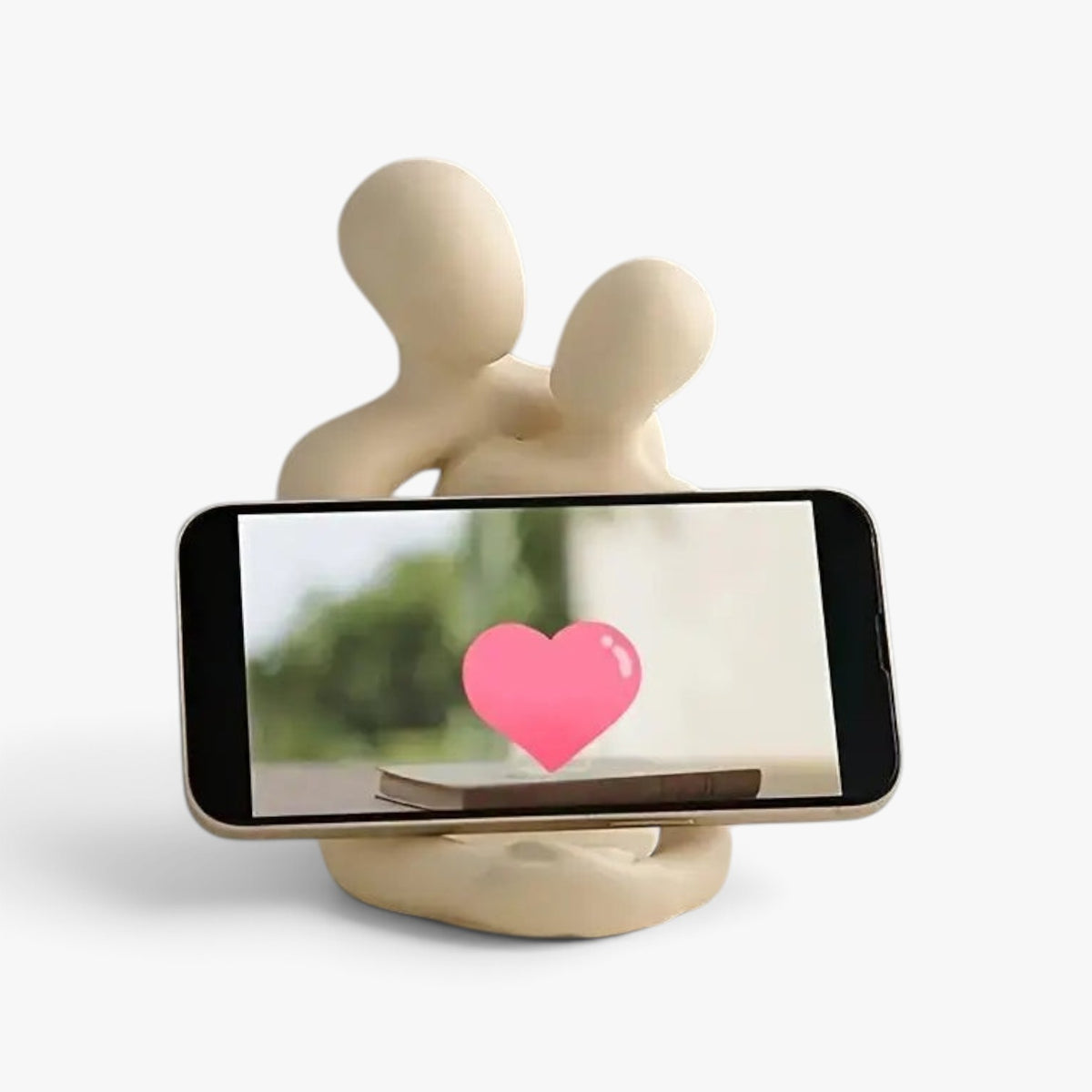 Roselva Unity of Souls Nordic couple figurine in beige resin holding a smartphone, minimalist romantic home decor