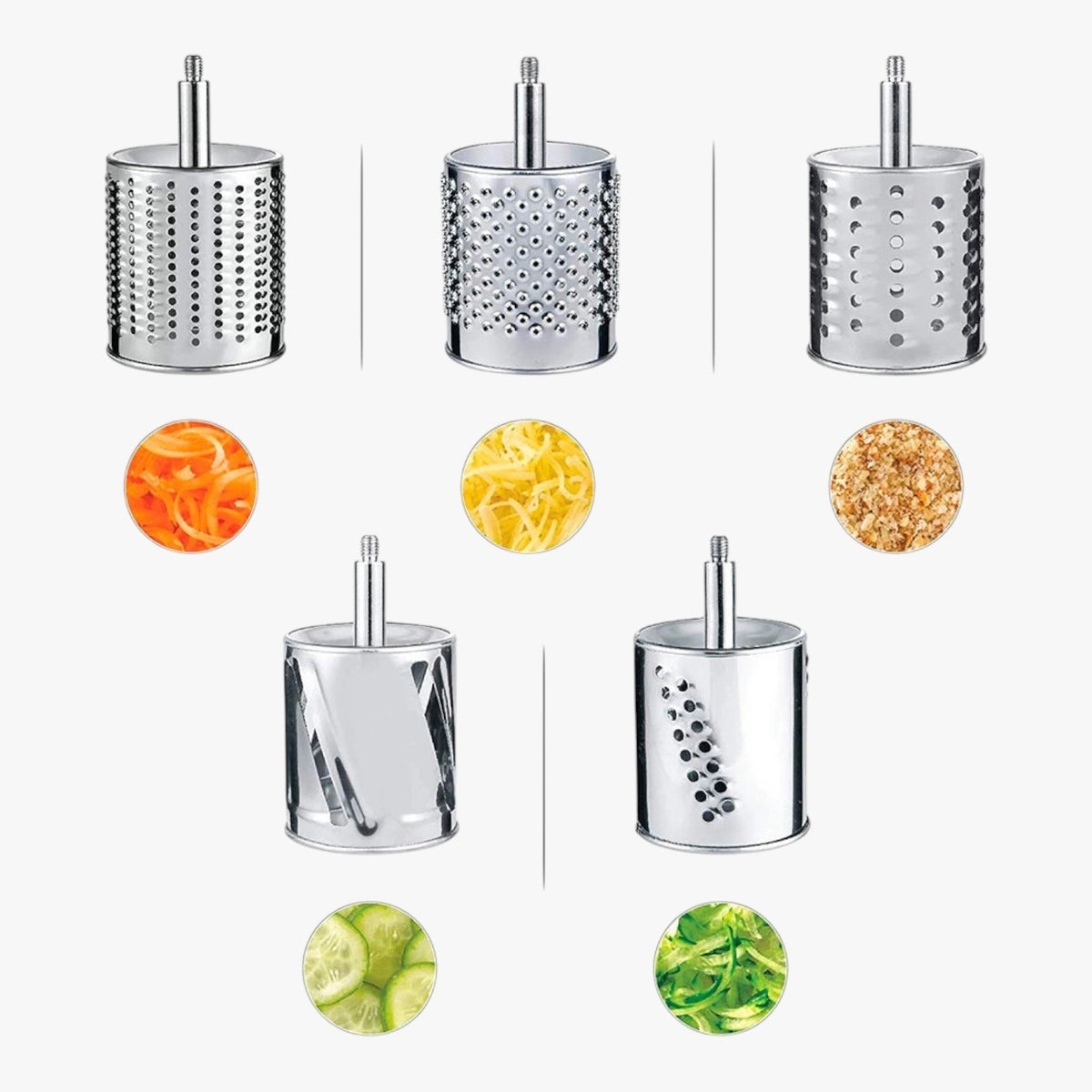 Roselva set of five stainless steel rotary grater drum blades for shredding, slicing, and grating kitchen vegetables