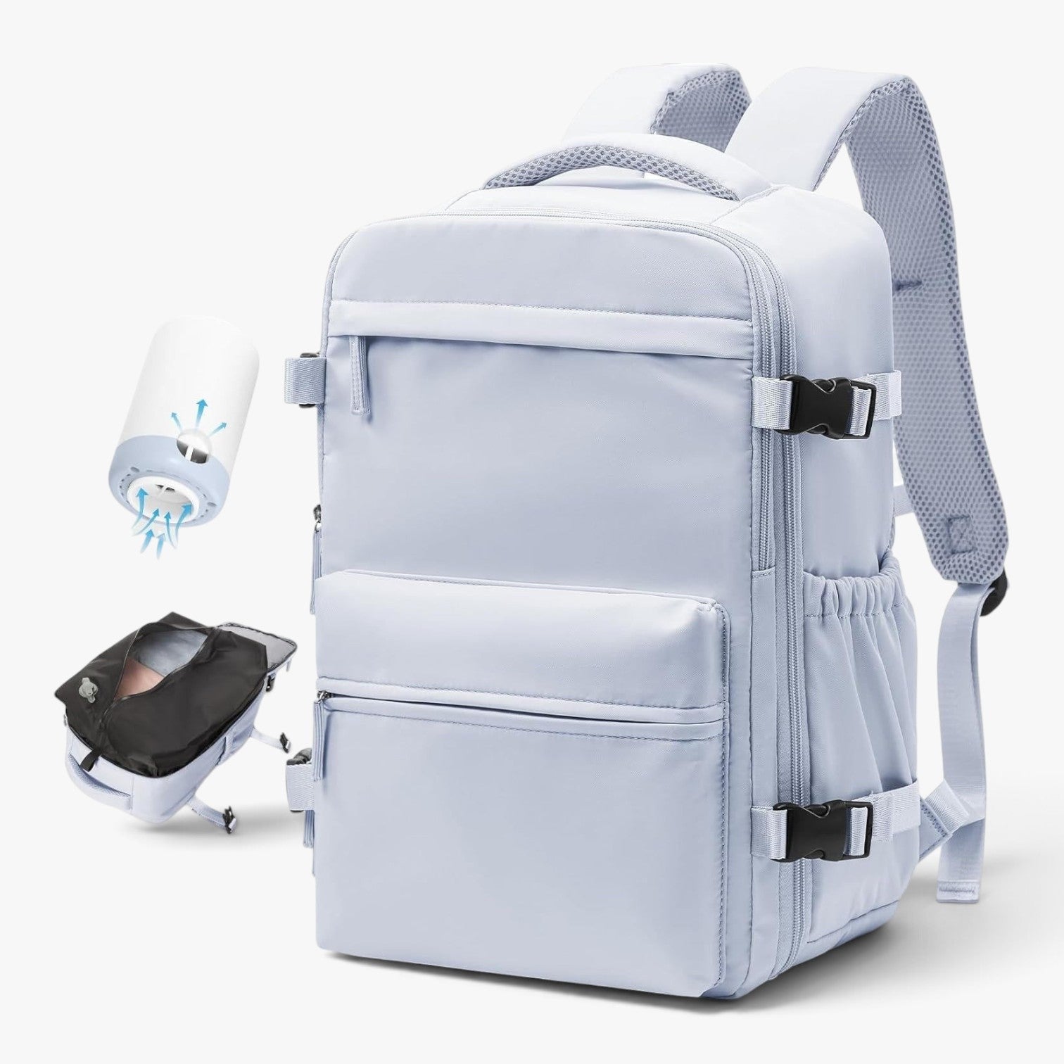 Roselva light blue travel backpack with vacuum compression system and portable electric pump for organized packing.