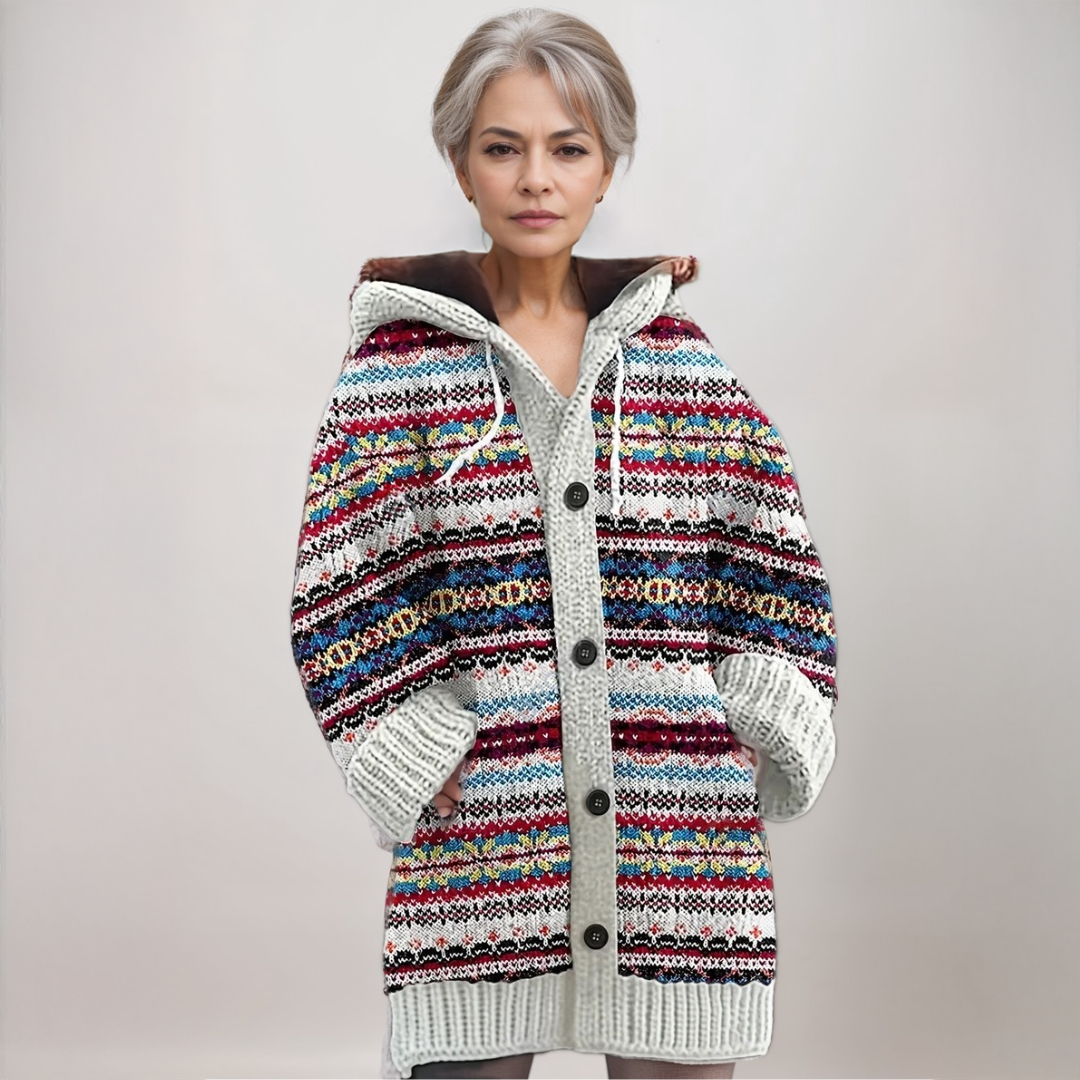 Women's Hooded Knit Cardigan with Fair Isle Pattern