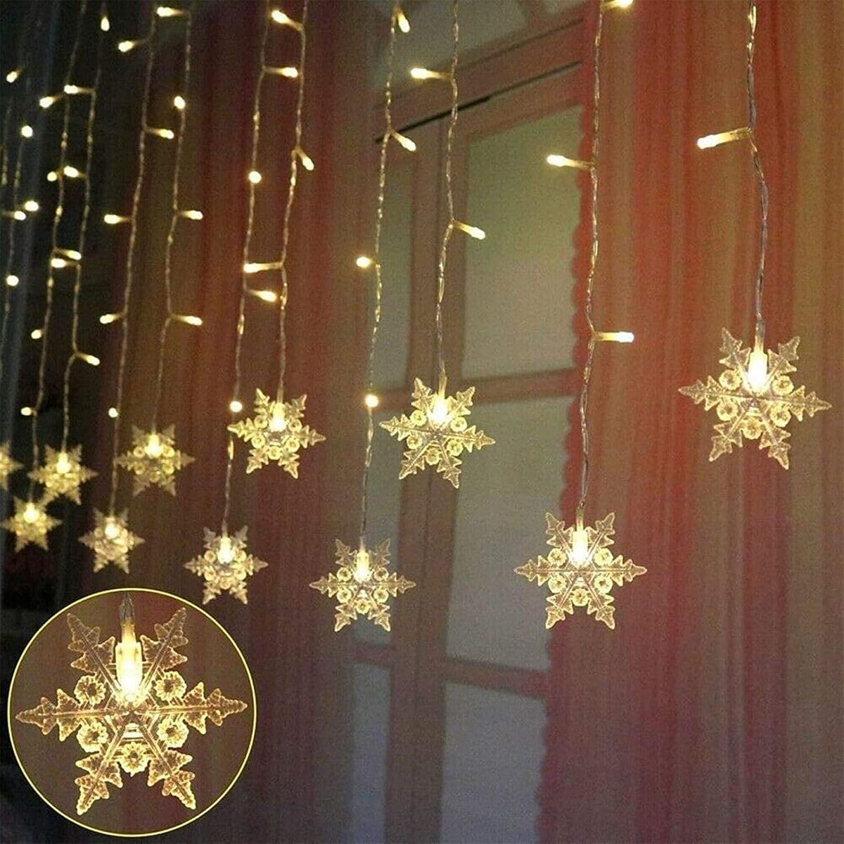 LED Snowflake Curtain Lights – 8-Mode Christmas String Lights