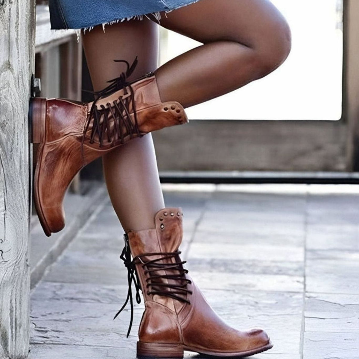 Women's Lace-Up Boots with Block Heel and Western Details