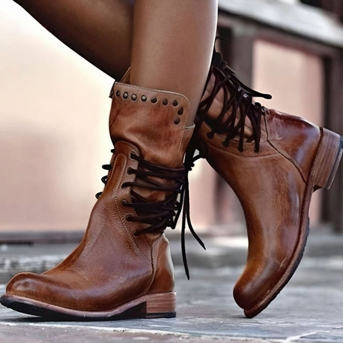 Women's Lace-Up Boots with Block Heel and Western Details