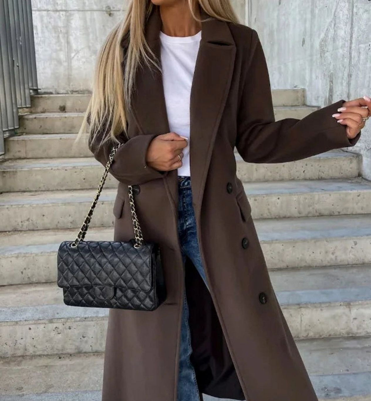 Women's Double-Breasted Long Coat with Lapel Collar