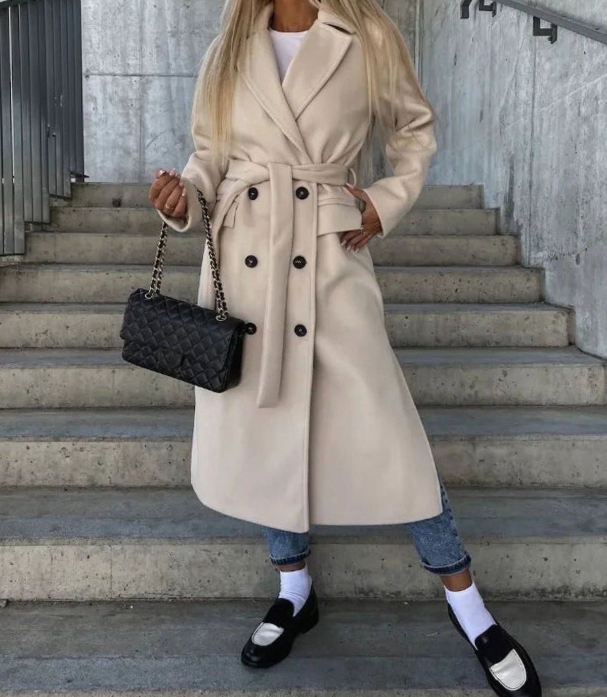 Women's Double-Breasted Long Coat with Lapel Collar