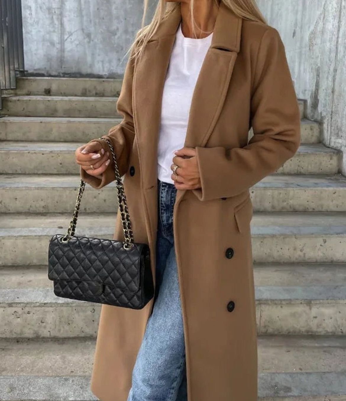 Women's Double-Breasted Long Coat with Lapel Collar